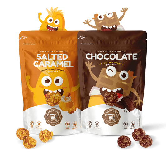 The Kettle Gourmet Best Popcorn - Salted Caramel Popcorn and Chocolate Popcorn