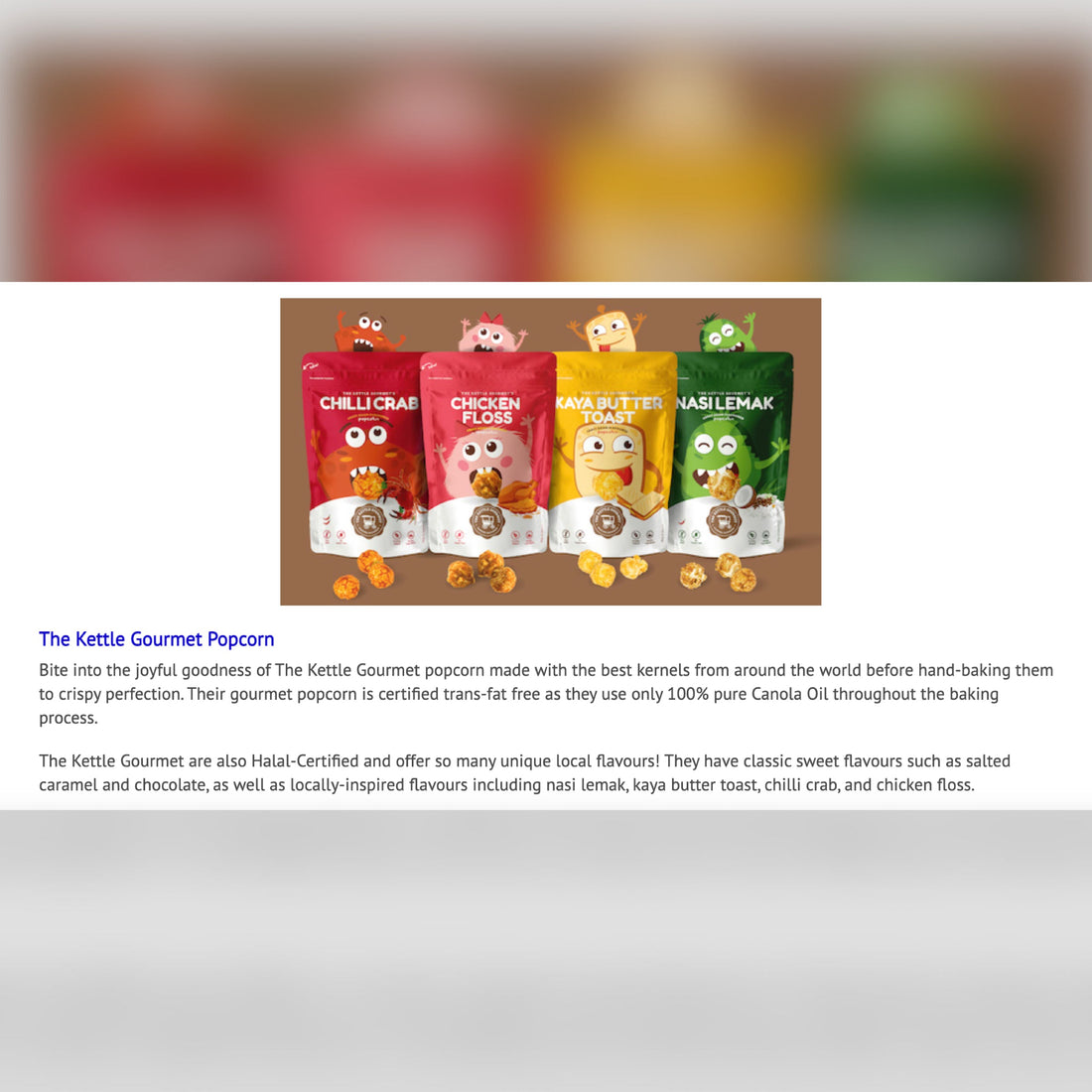 Screenshot of Vanilla Luxury's article featuring The Kettle Gourmet's local popcorn flavours: Chilli Crab, Chicken Floss, Kaya Butter Toast, Nasi Lemak